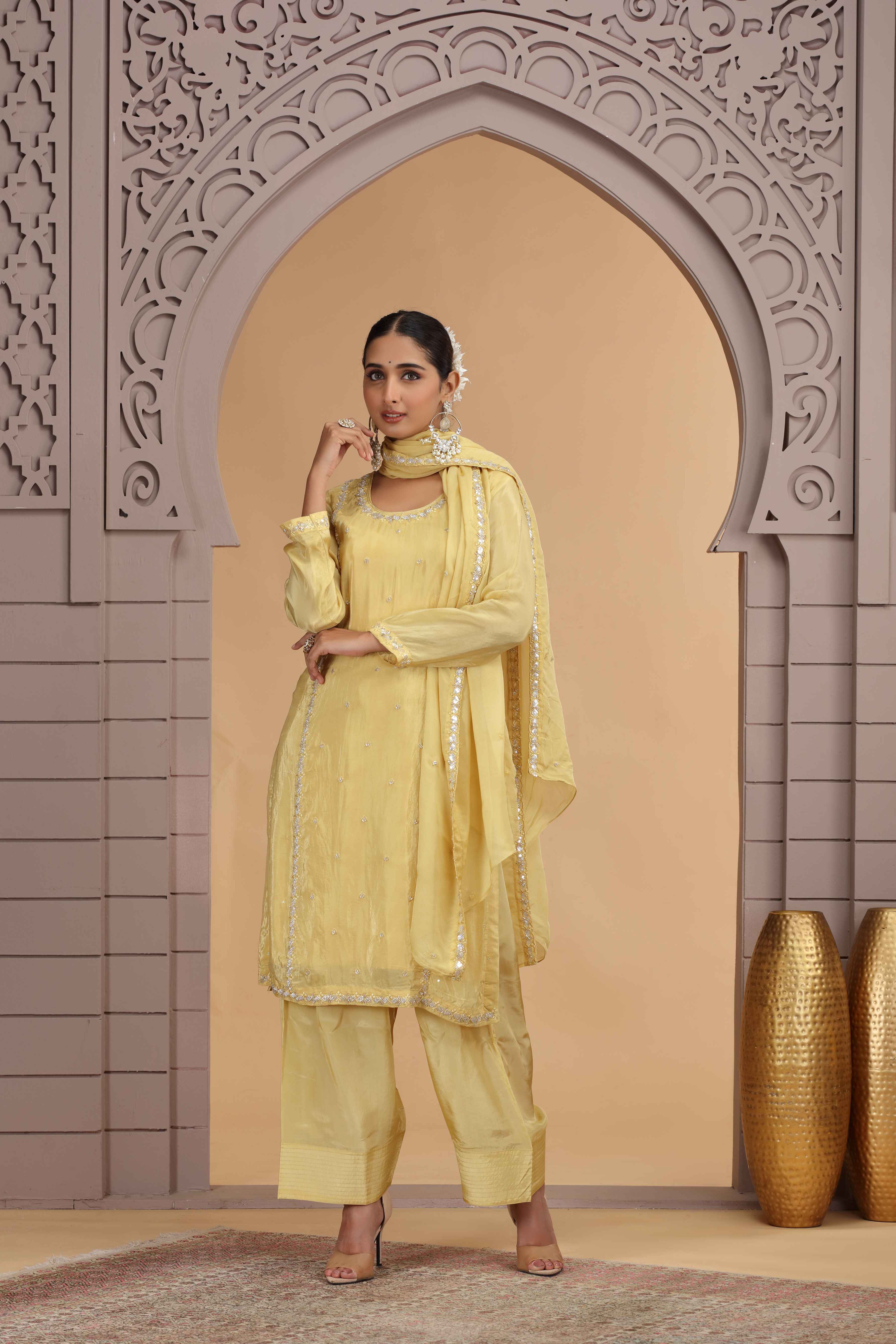 Yellow Satin Silk Straight Suit with Farsi Pant &amp; Chiffon Dupatta Straight Suit Anant Tex Exports Pvt.Ltd..
