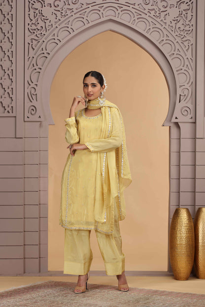 Yellow Satin Silk Straight Suit with Farsi Pant &amp; Chiffon Dupatta Straight Suit Anant Tex Exports Pvt.Ltd..