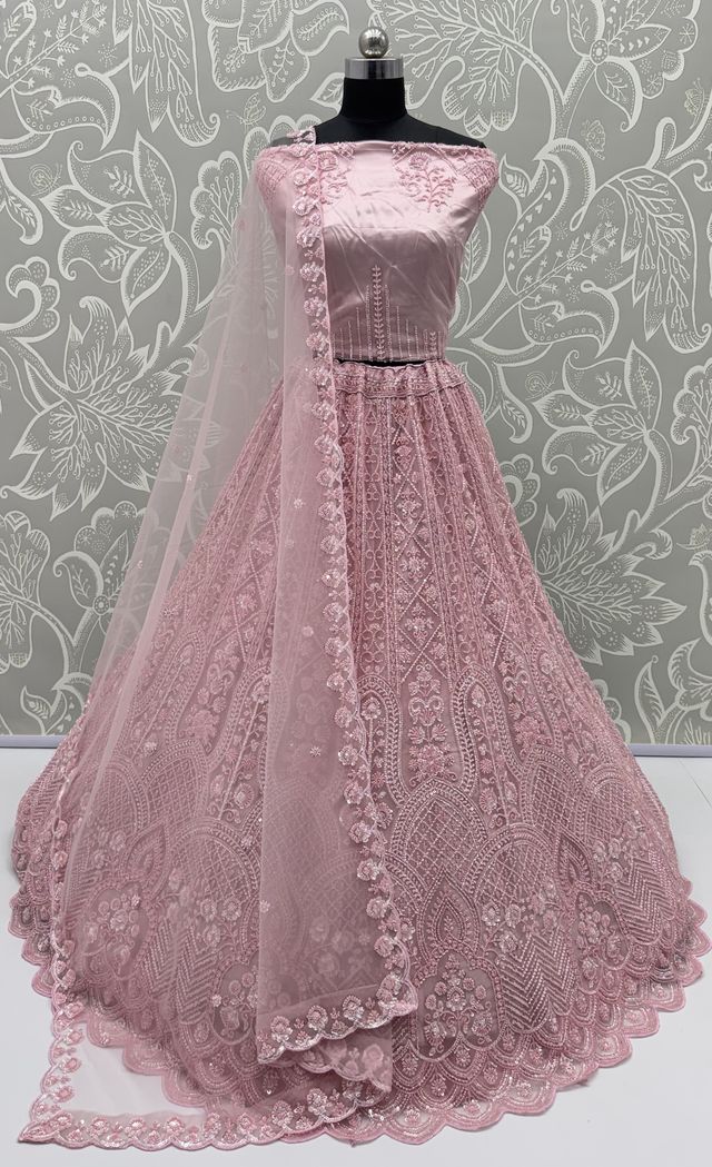 Pink Pure Heavy Net Motif Handwork Zari Sequins Work Bridal Lehenga Choli