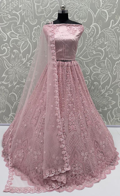 Pink Pure Heavy Net Motif Handwork Zari Sequins Work Bridal Lehenga Choli