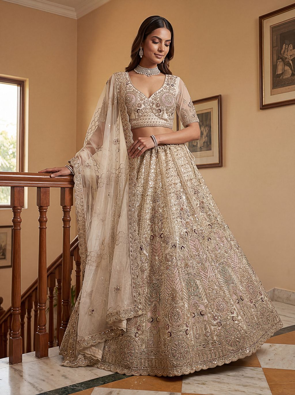 White Pure Soft Heavy Net Sequins Embroidery Work Bridal Lehenga 