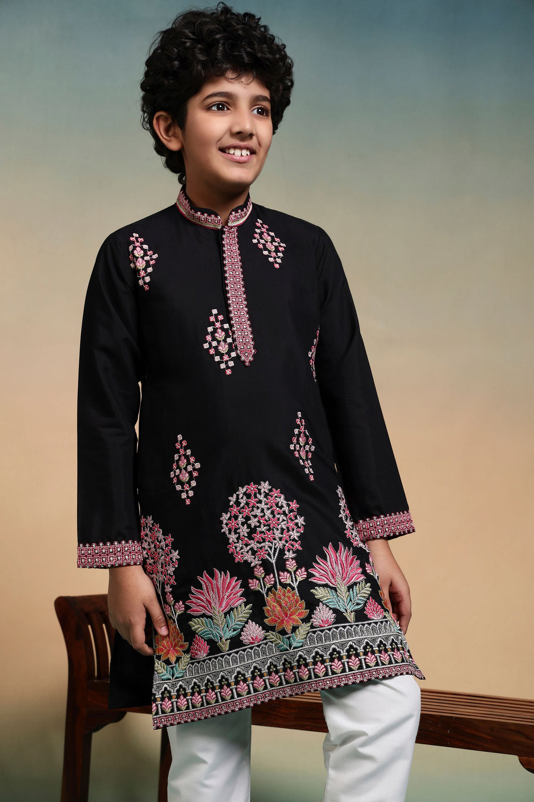 Black Pure Viscose Silk Kids Boy Kurta Pajama