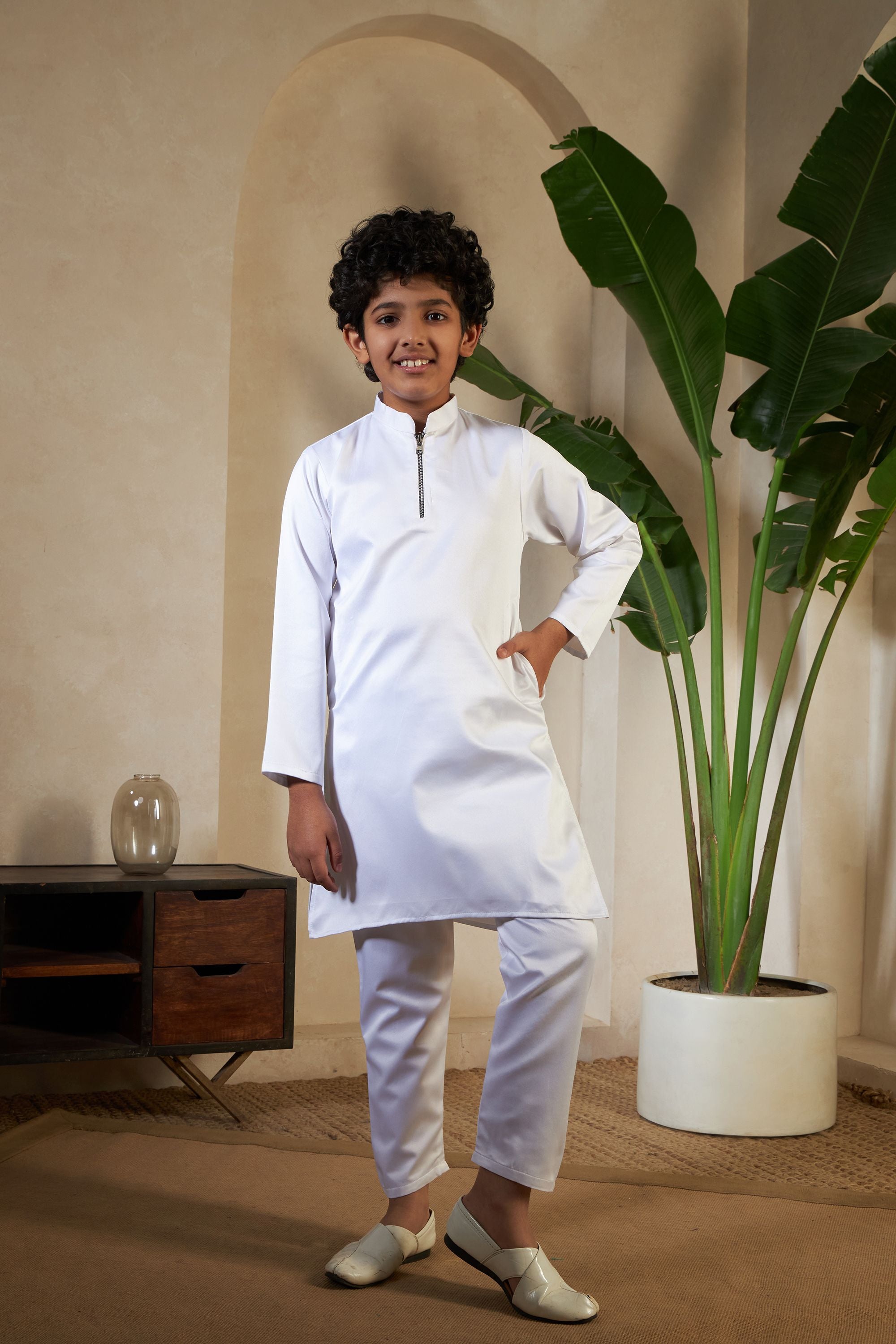 White Pure Satin Silk Kids Boy Kurta Pajama With Koti Jacket 