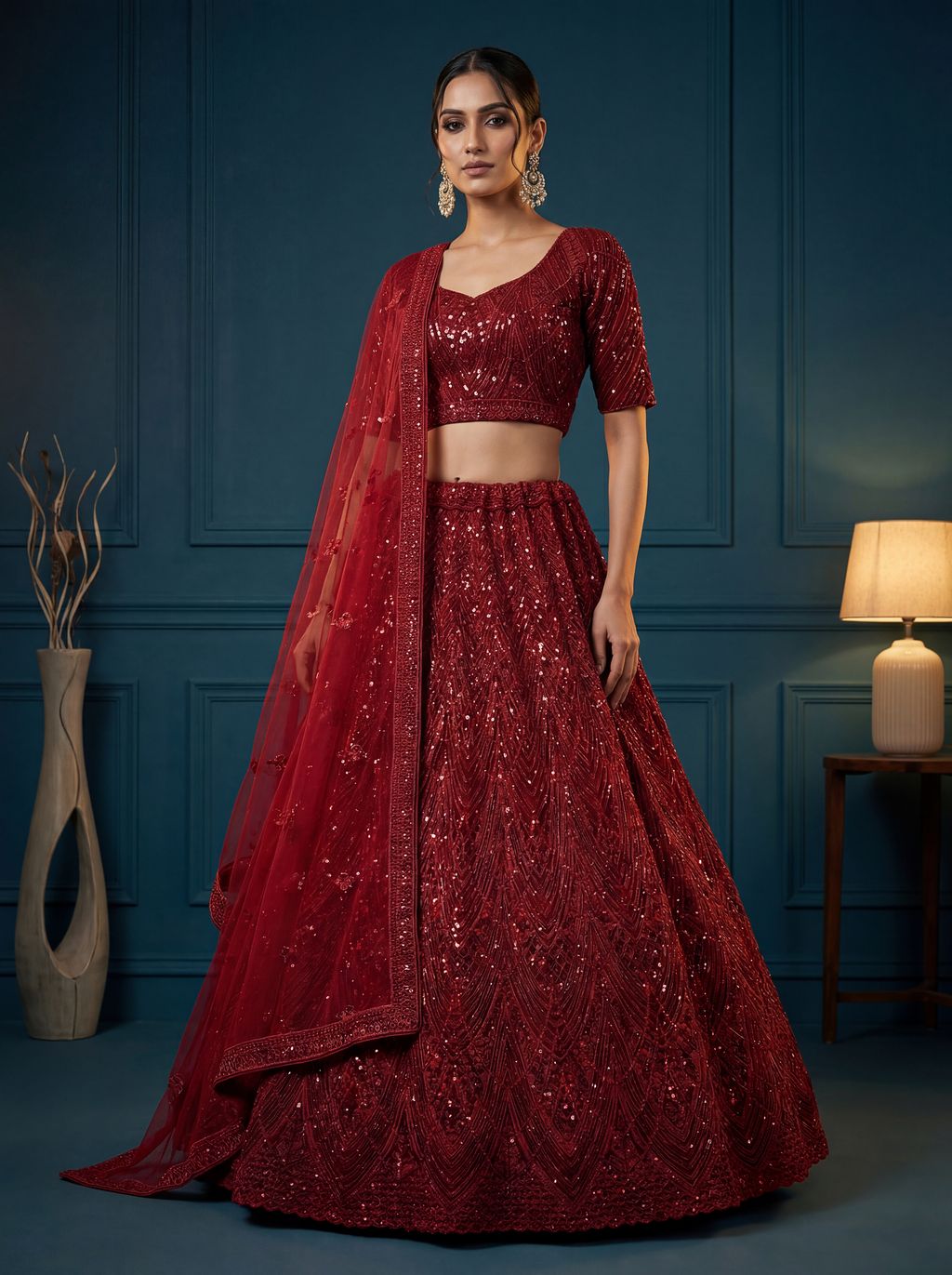 Red Pure Soft Net Heavy Embroidery Work Bridal Lehenga 