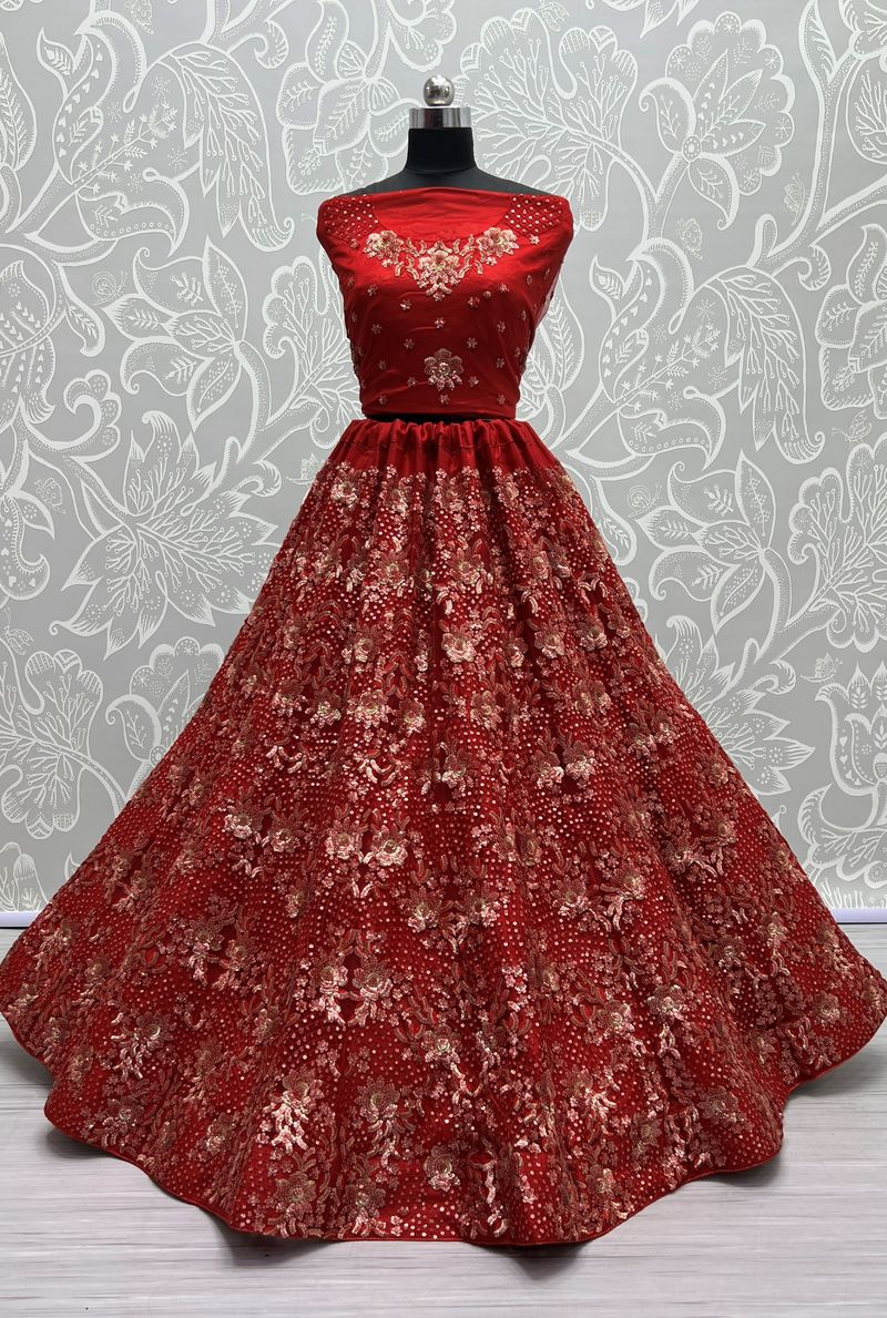 Red Pure Soft Heavy Net Sequins Embroidery Work Bridal Lehenga 