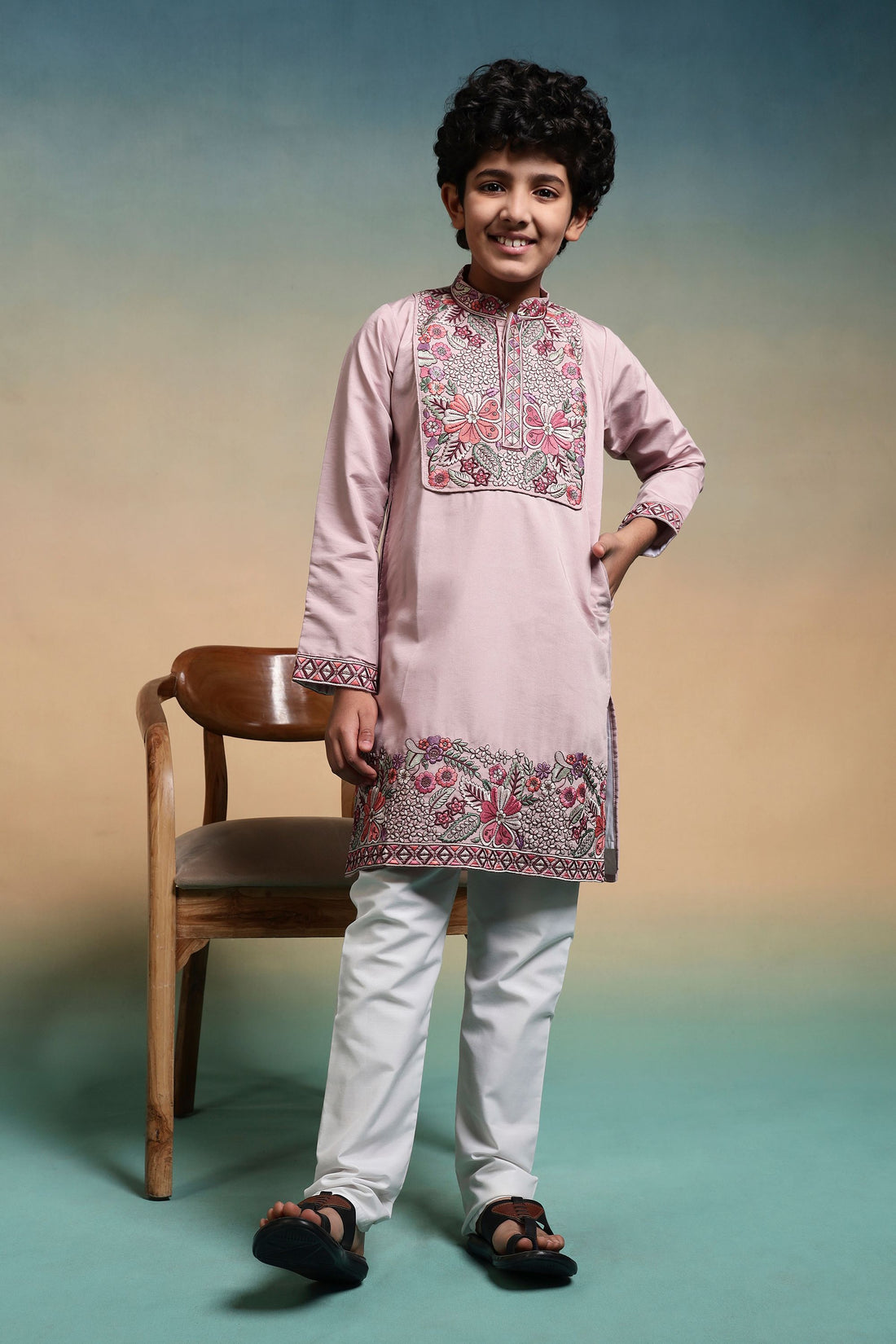 Pink Pure Viscose Silk Kids Boy Kurta Pajama