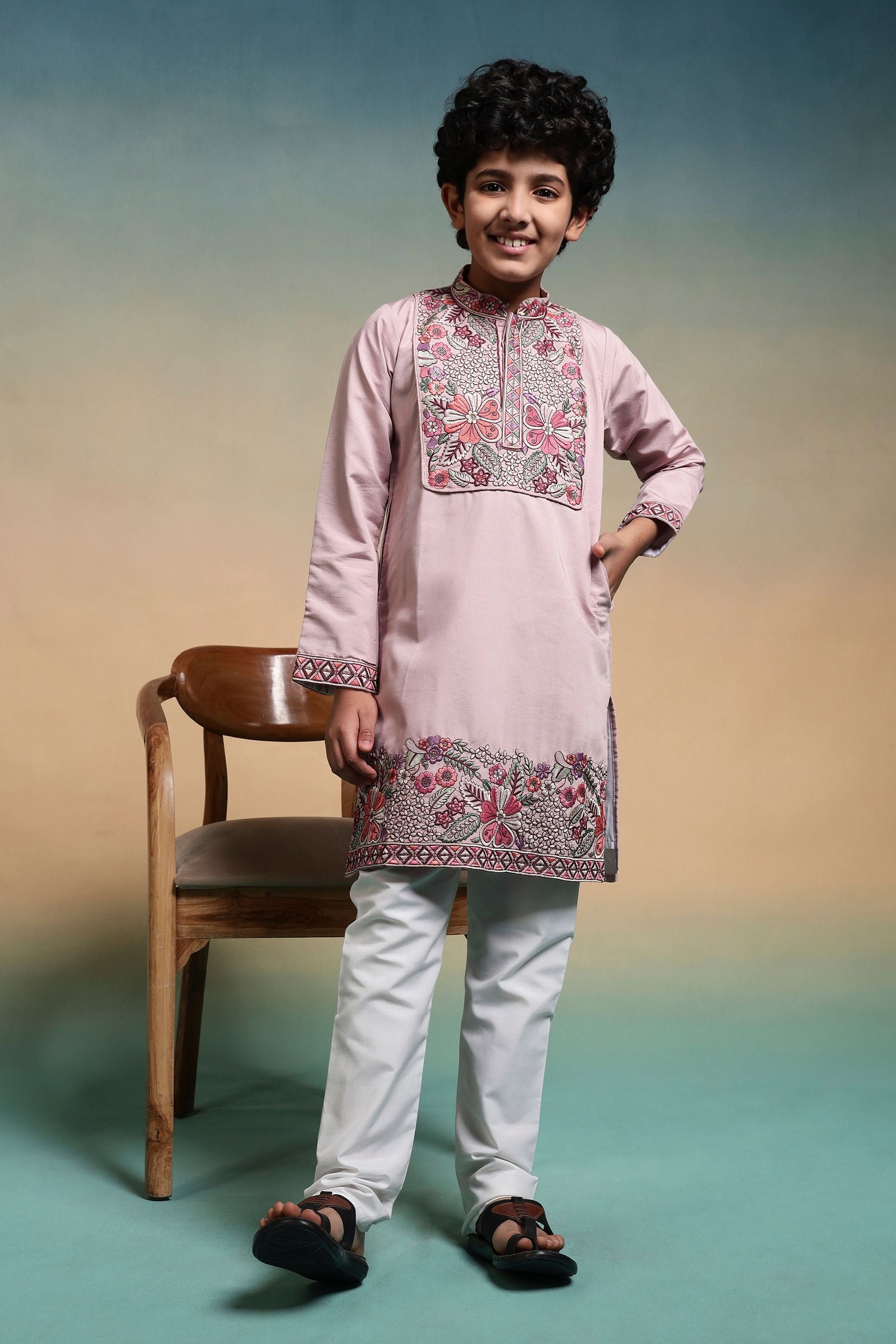 Pink Pure Viscose Silk Kids Boy Kurta Pajama