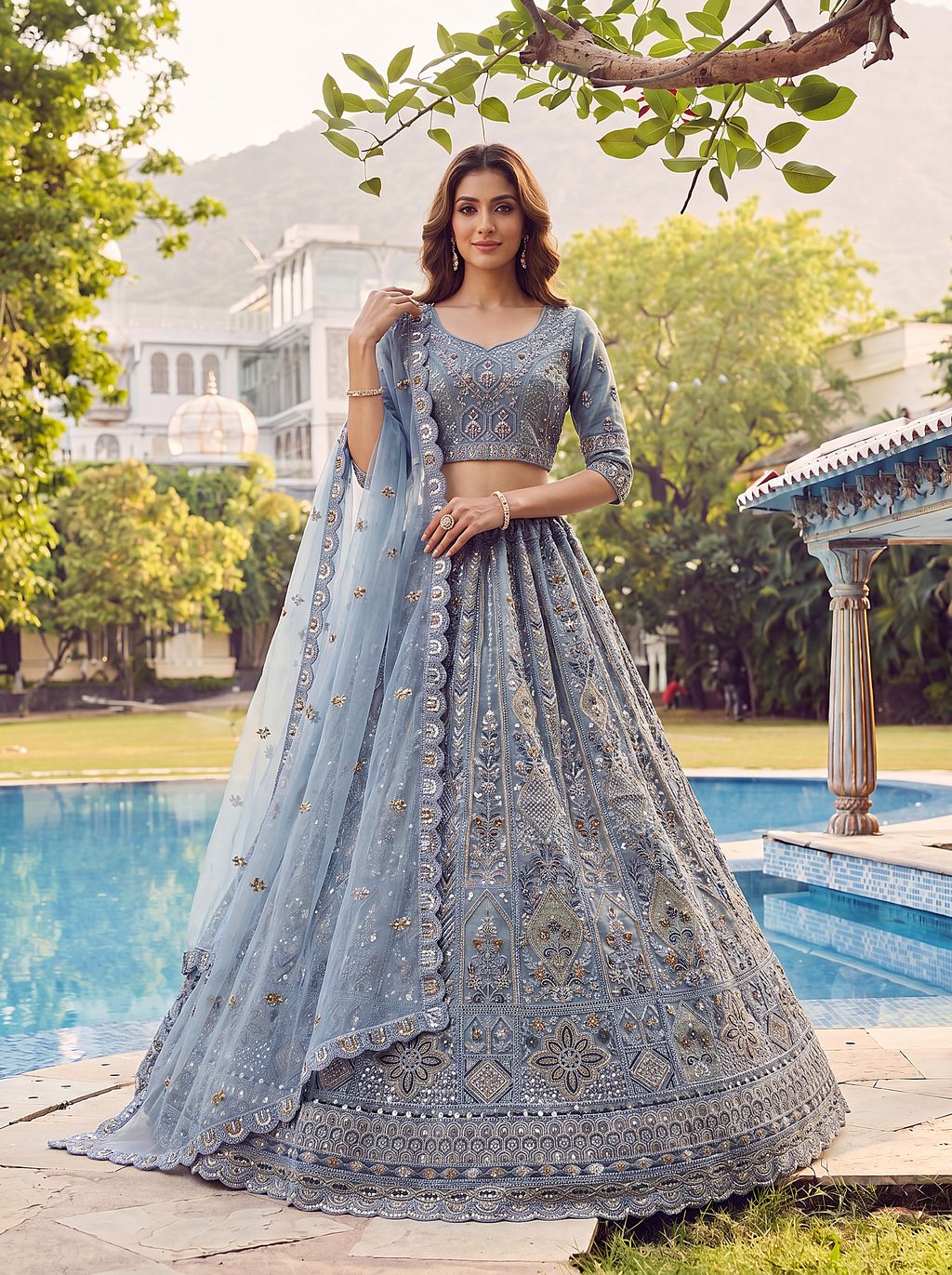Sky Pure Soft Heavy Net Fancy Embroidery Work Bridal Lehenga Choli