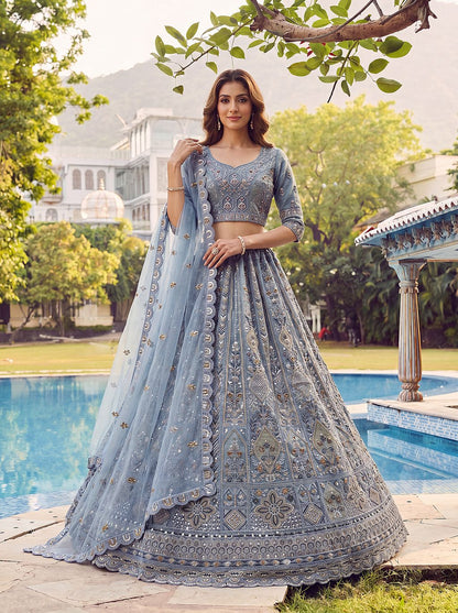 Sky Pure Soft Heavy Net Fancy Embroidery Work Bridal Lehenga Choli