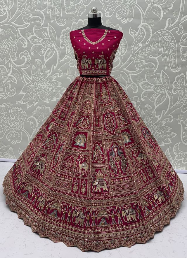 Rani Pink Pure Soft Gadwal Silk Heavy Embroidery Work Bridal Lehenga 