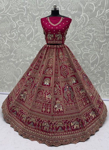 Rani Pink Pure Soft Gadwal Silk Heavy Embroidery Work Bridal Lehenga 
