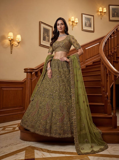 Pista Pure Soft Heavy Net Sequins Embroidery Work Bridal Lehenga 
