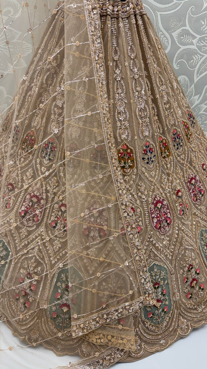 Chiku Pure Heavy Net Motif Handwork Zari Sequins Work Bridal Lehenga Choli