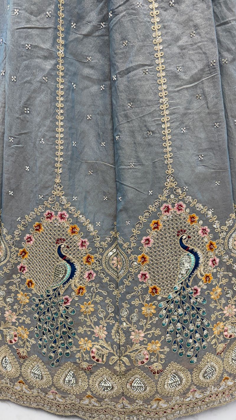 Stone Grey Pure Soft Gadhwal Silk Heavy Embroidery Work Bridal Lehenga