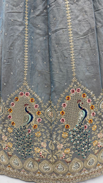 Stone Grey Pure Soft Gadhwal Silk Heavy Embroidery Work Bridal Lehenga
