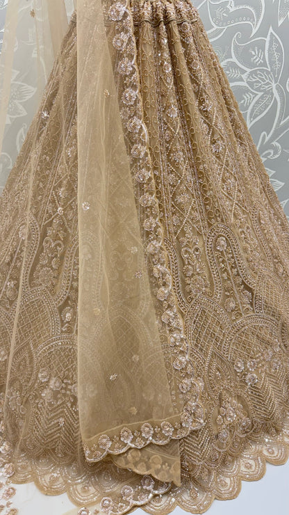 Chiku Pure Heavy Net Motif Handwork Zari Sequins Work Bridal Lehenga Choli