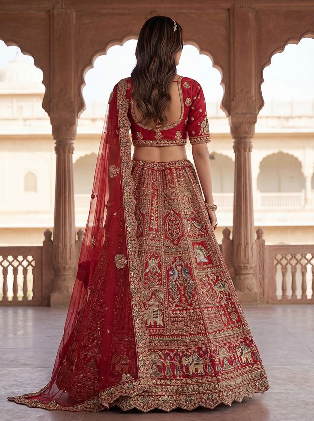 Red Pure Soft Gadwal Silk Heavy Embroidery Work Bridal Lehenga 