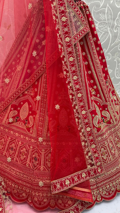 Red Pure Soft Heavy Silk Sequins Embroidery Work Bridal Lehenga 