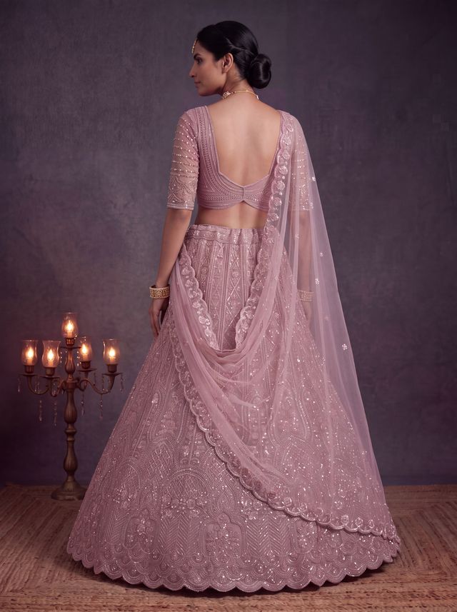 Pink Pure Heavy Net Motif Handwork Zari Sequins Work Bridal Lehenga Choli