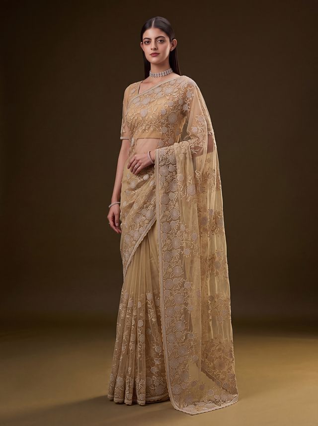 Gold Pure Premium Net Handwork Kasti &amp; Motif Zari Metallic Sequins Work Wedding Saree