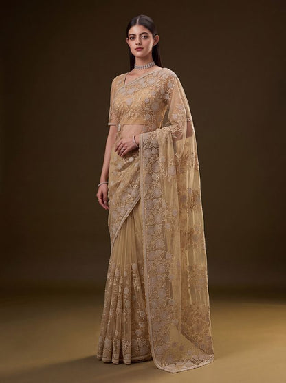 Gold Pure Premium Net Handwork Kasti &amp; Motif Zari Metallic Sequins Work Wedding Saree