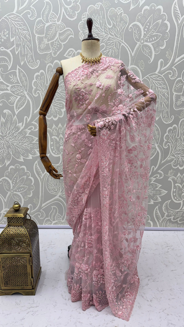 Pink Pure Premium Net Handwork Kasti &amp; Motif Zari Metallic Sequins Work Wedding Saree
