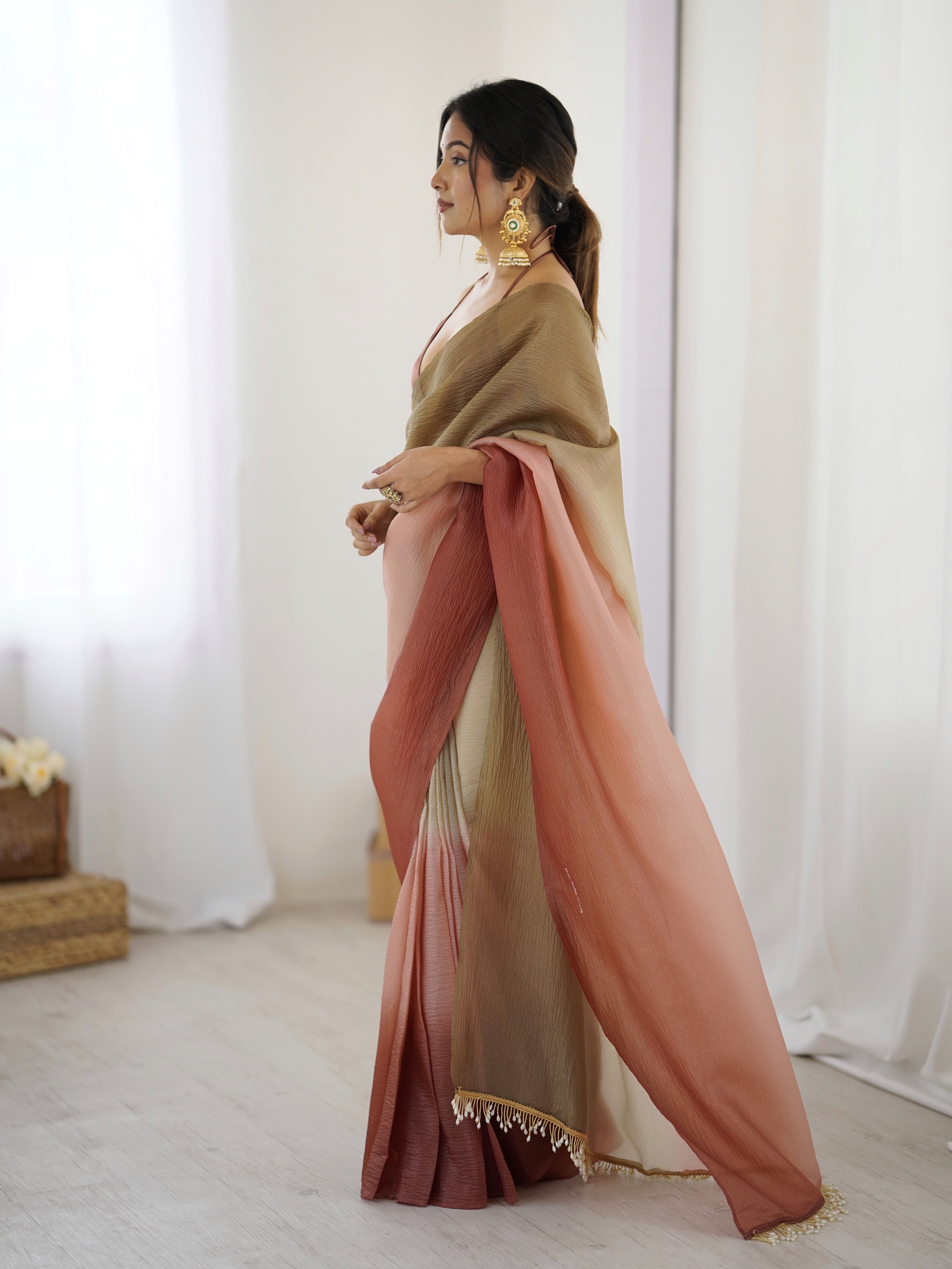 Brown shaded Pure Soft Candy Crush Silk Ready to Wear Saree ##color## Ready to Wear Saree with premium fabric and embroidery