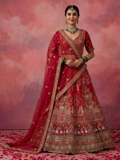 Red Pure Soft Gadwal Silk Heavy Embroidery Work Bridal Lehenga 