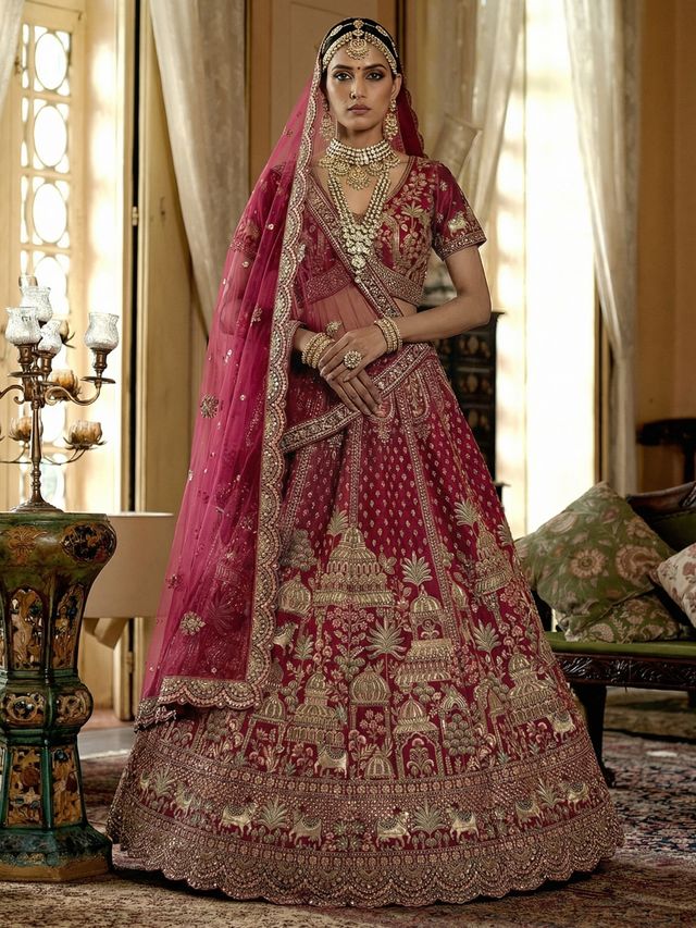 Pink Pure Soft Net Heavy Embroidery Work Bridal Lehenga