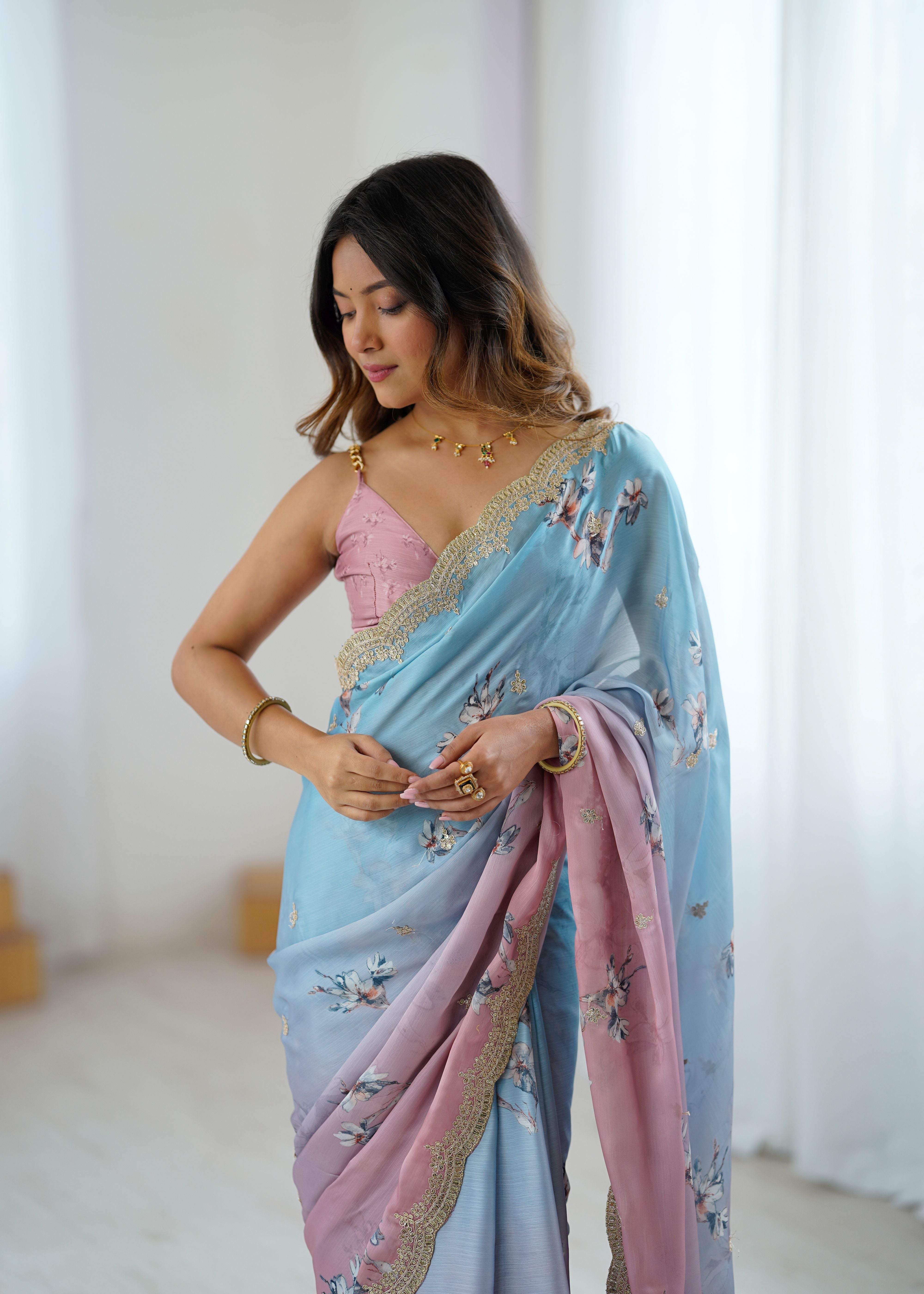 Aqua Pink Two Tone Satin Silk Sequins Embroidery Ready to Wear Saree ##color## Ready to Wear Saree with premium fabric and embroidery