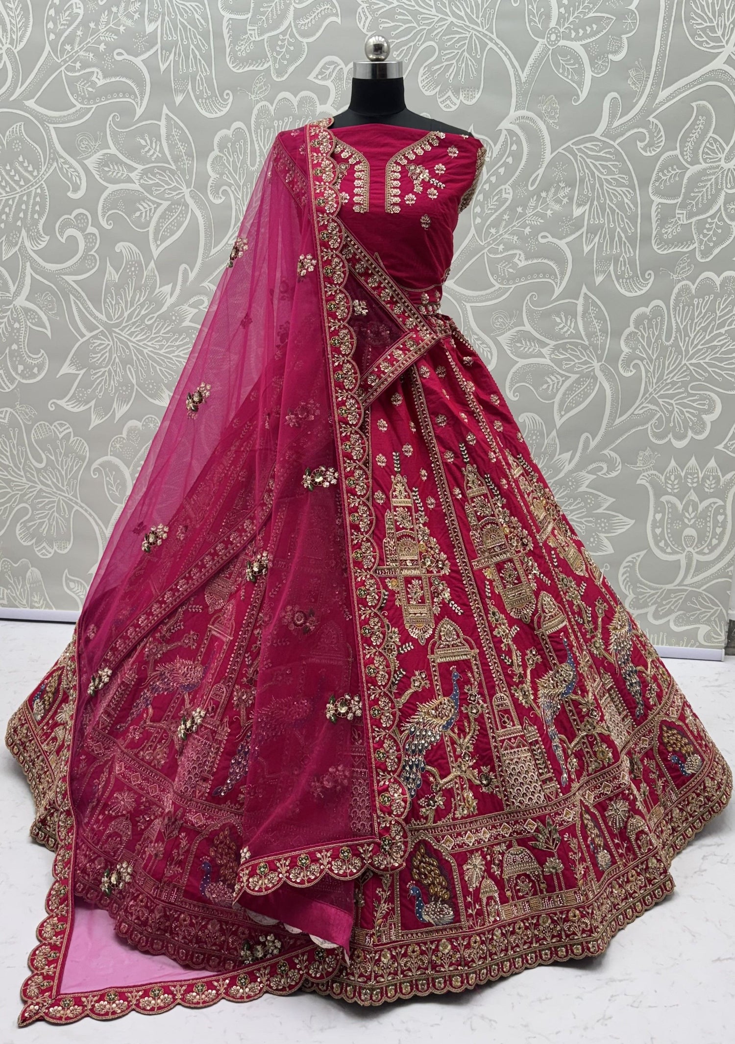 Rani Pink Pure Gadhwal Silk Khatali Handwork Sequins &amp; Crystal Bridal Lehenga Choli
