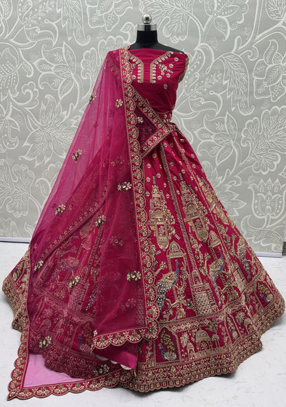 Rani Pink Pure Gadhwal Silk Khatali Handwork Sequins &amp; Crystal Bridal Lehenga Choli