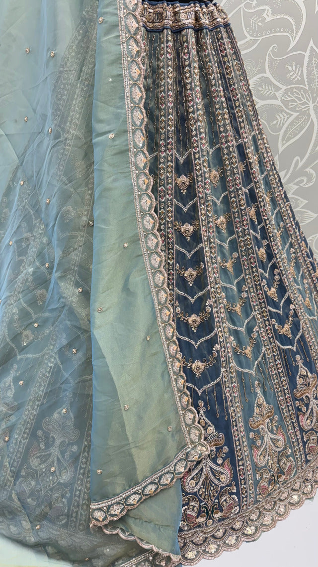 Teal Blue Pure Chandnia Silk Handwork Motif Peacock Pattern Crystal Beads Multi Thread Dori and Sequins Work Bridal Lehenga Choli