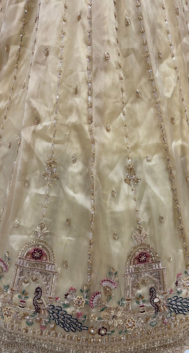 Off White Pure Chandnia Silk Handwork Motif Peacock Pattern Crystal Beads Multi Thread Dori &amp; Sequins Work Bridal Lehenga Choli