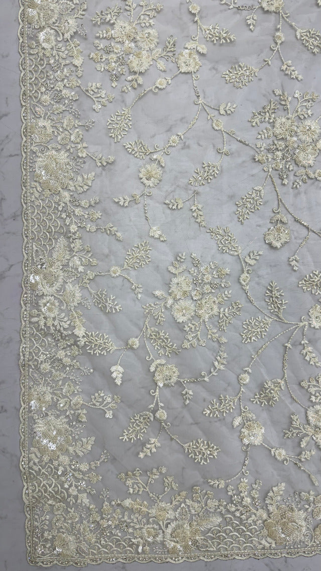 White Pure Premium Net Handwork Kasti &amp; Motif Zari Metallic Sequins Work Wedding Saree