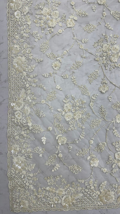 White Pure Premium Net Handwork Kasti &amp; Motif Zari Metallic Sequins Work Wedding Saree