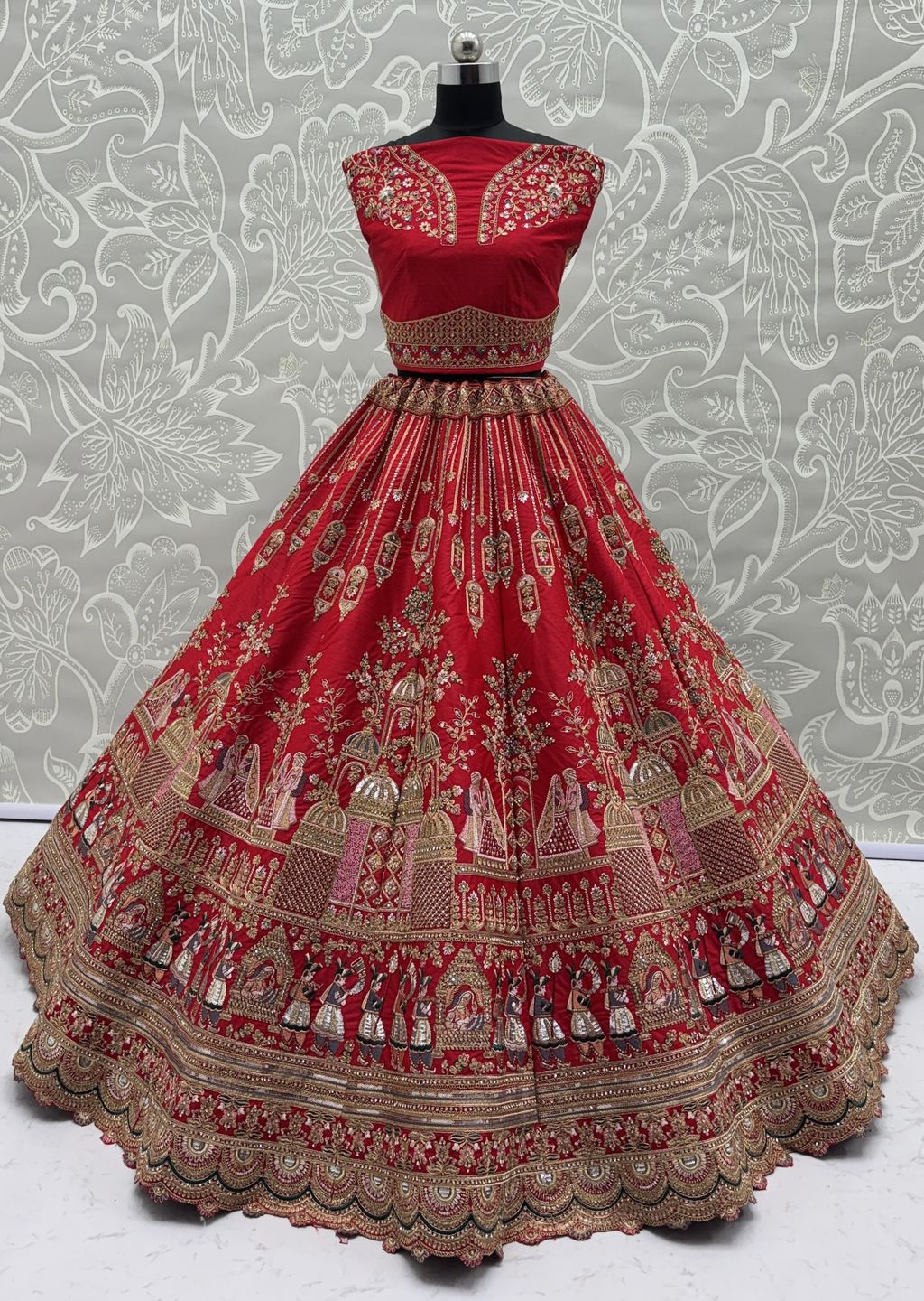 Red Pure Soft Gadwal Silk Heavy Embroidery Work Bridal Lehenga 