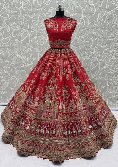 Red Pure Soft Gadwal Silk Heavy Embroidery Work Bridal Lehenga 