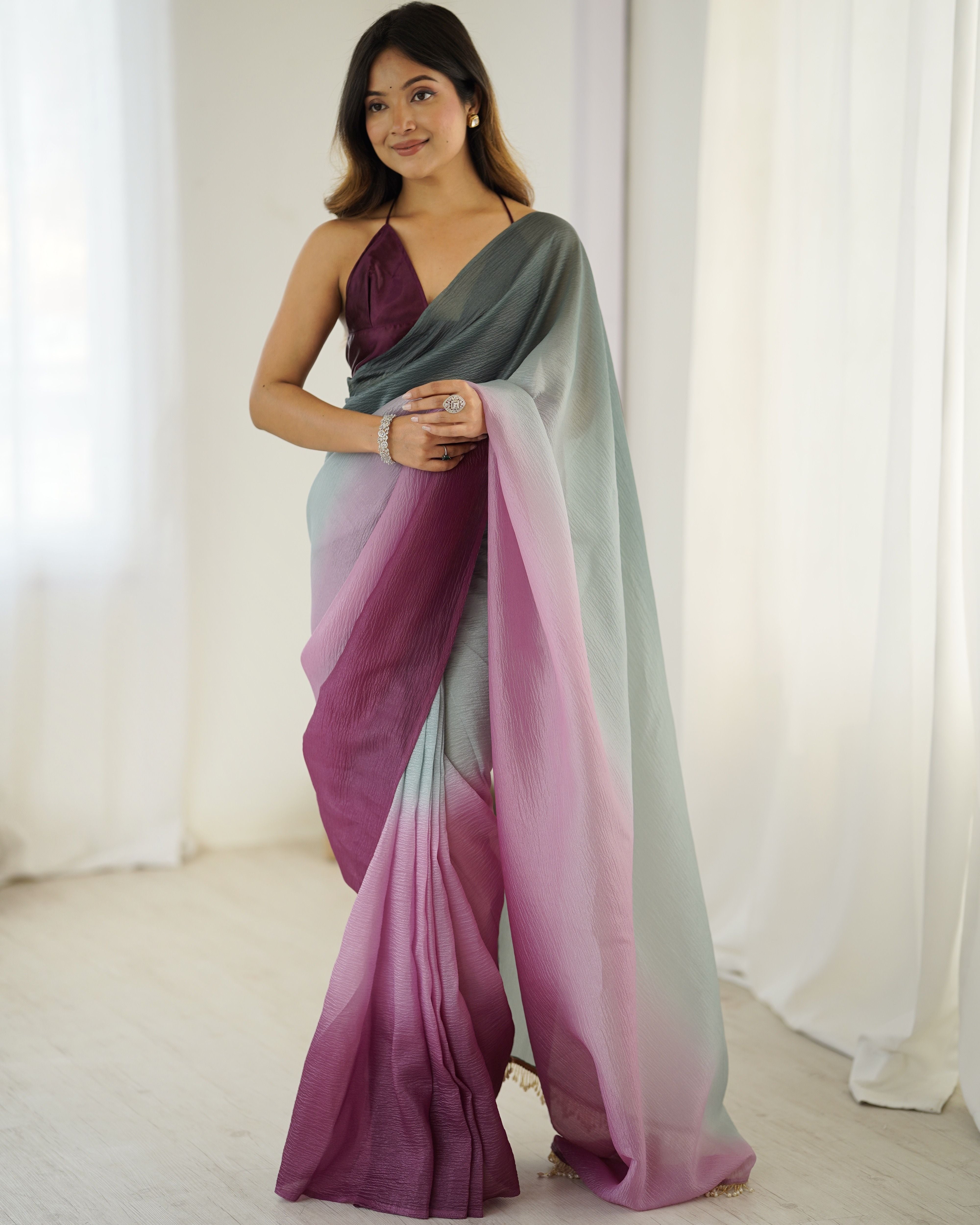 Grey shaded Pure Soft Candy Crush Silk Ready to Wear Saree ##color## Ready to Wear Saree with premium fabric and embroidery