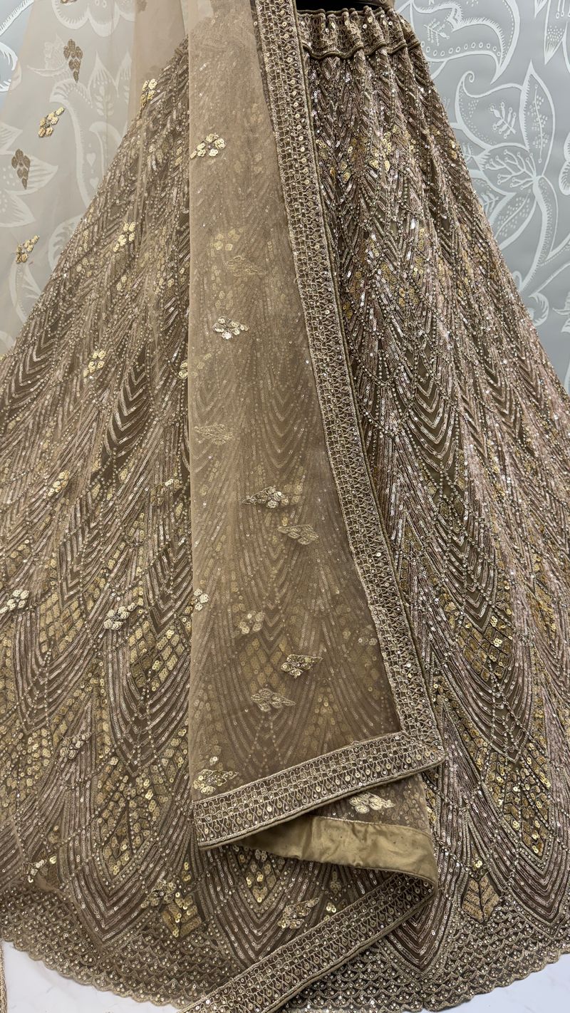 Golden Pure Soft Net Heavy Embroidery Work Bridal Lehenga