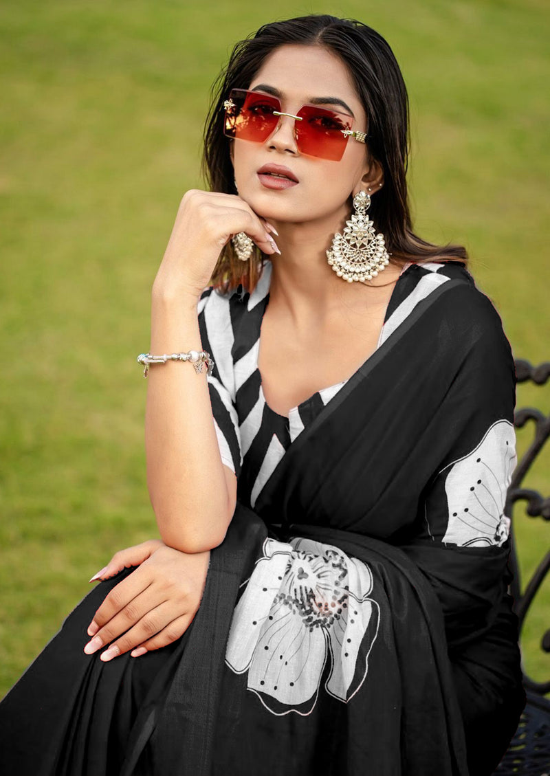 Black Pure Soft Cotton Bagru Block Print Saree