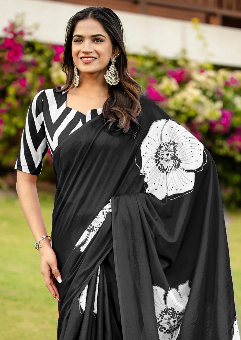 Black Pure Soft Cotton Bagru Block Print Saree