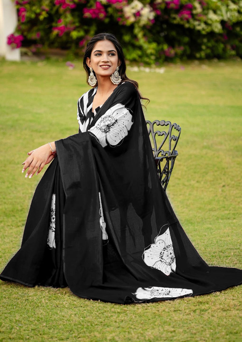 Black Pure Soft Cotton Bagru Block Print Saree