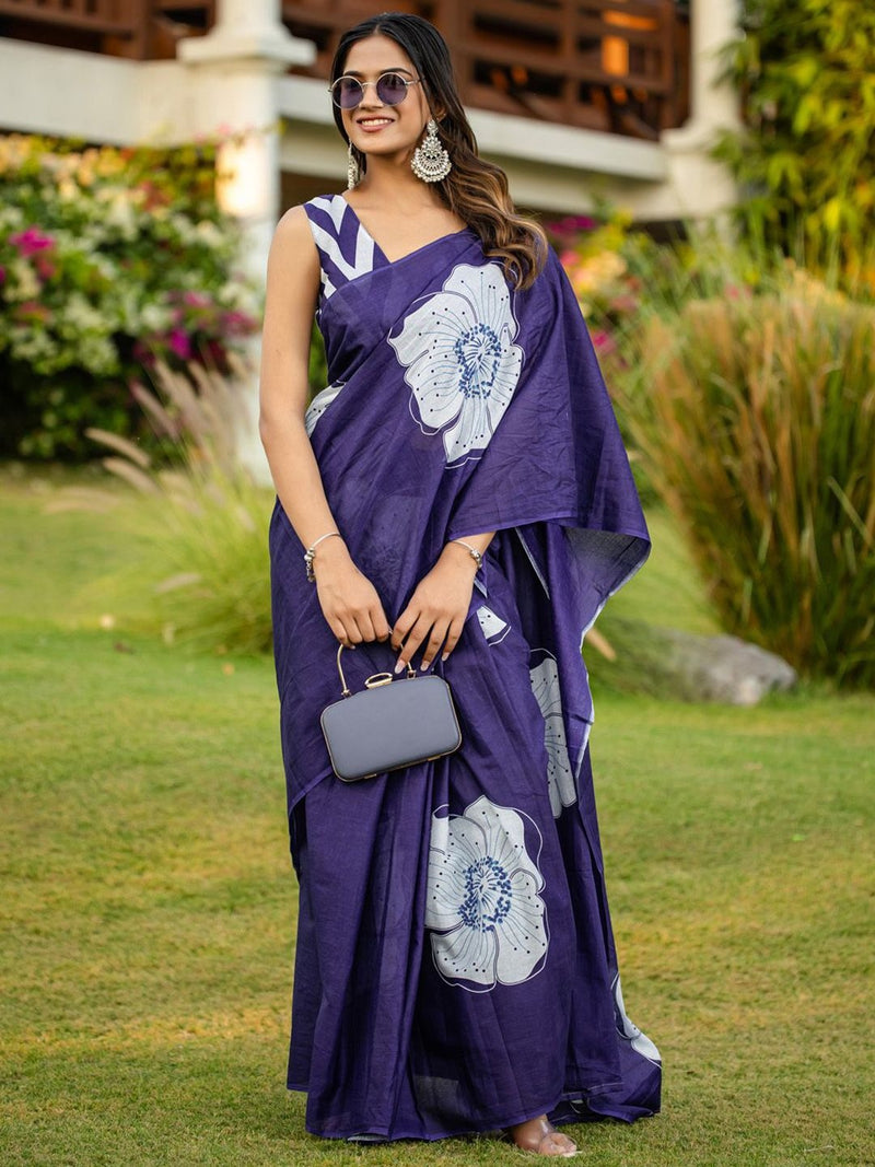 Blue Pure Soft Cotton Bagru Block Print Saree