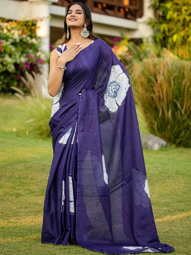 Blue Pure Soft Cotton Bagru Block Print Saree