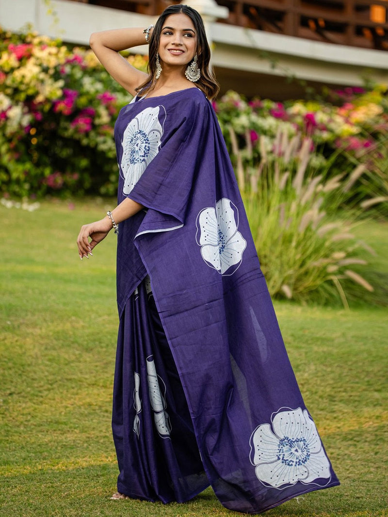 Blue Pure Soft Cotton Bagru Block Print Saree