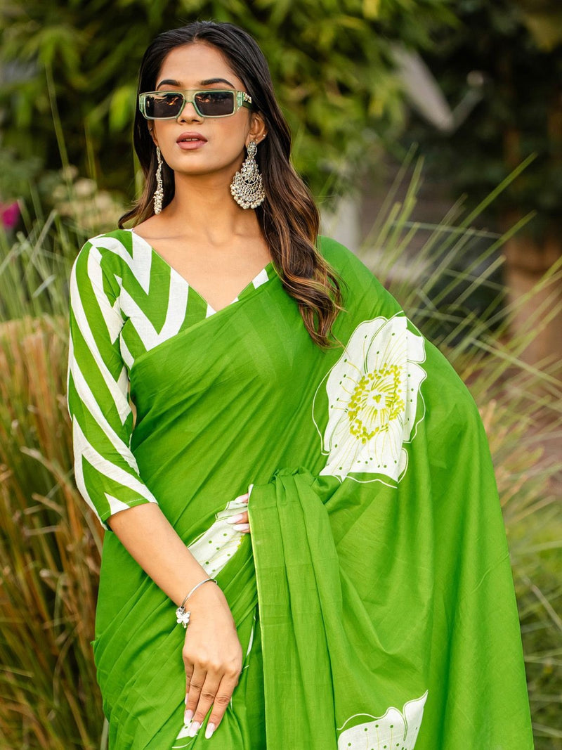 Green Pure Soft Cotton Bagru Block Print Saree