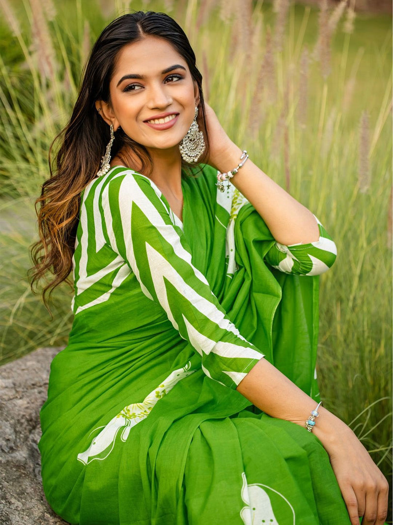 Green Pure Soft Cotton Bagru Block Print Saree