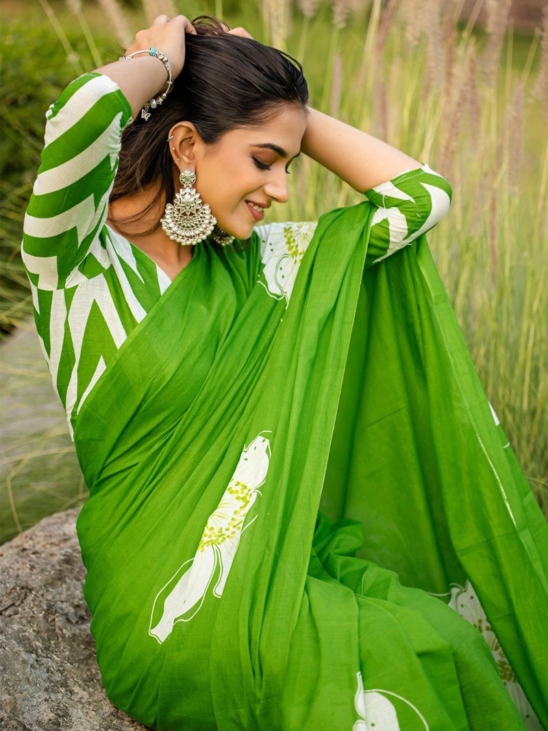 Green Pure Soft Cotton Bagru Block Print Saree