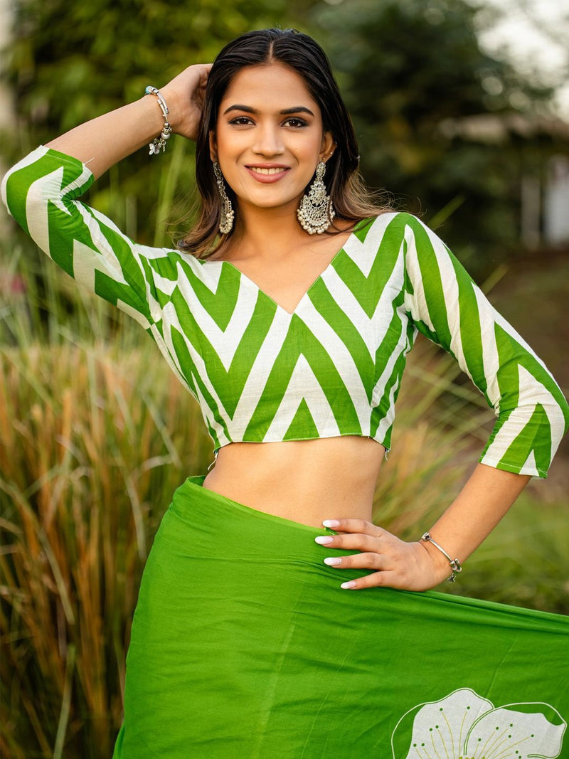 Green Pure Soft Cotton Bagru Block Print Saree